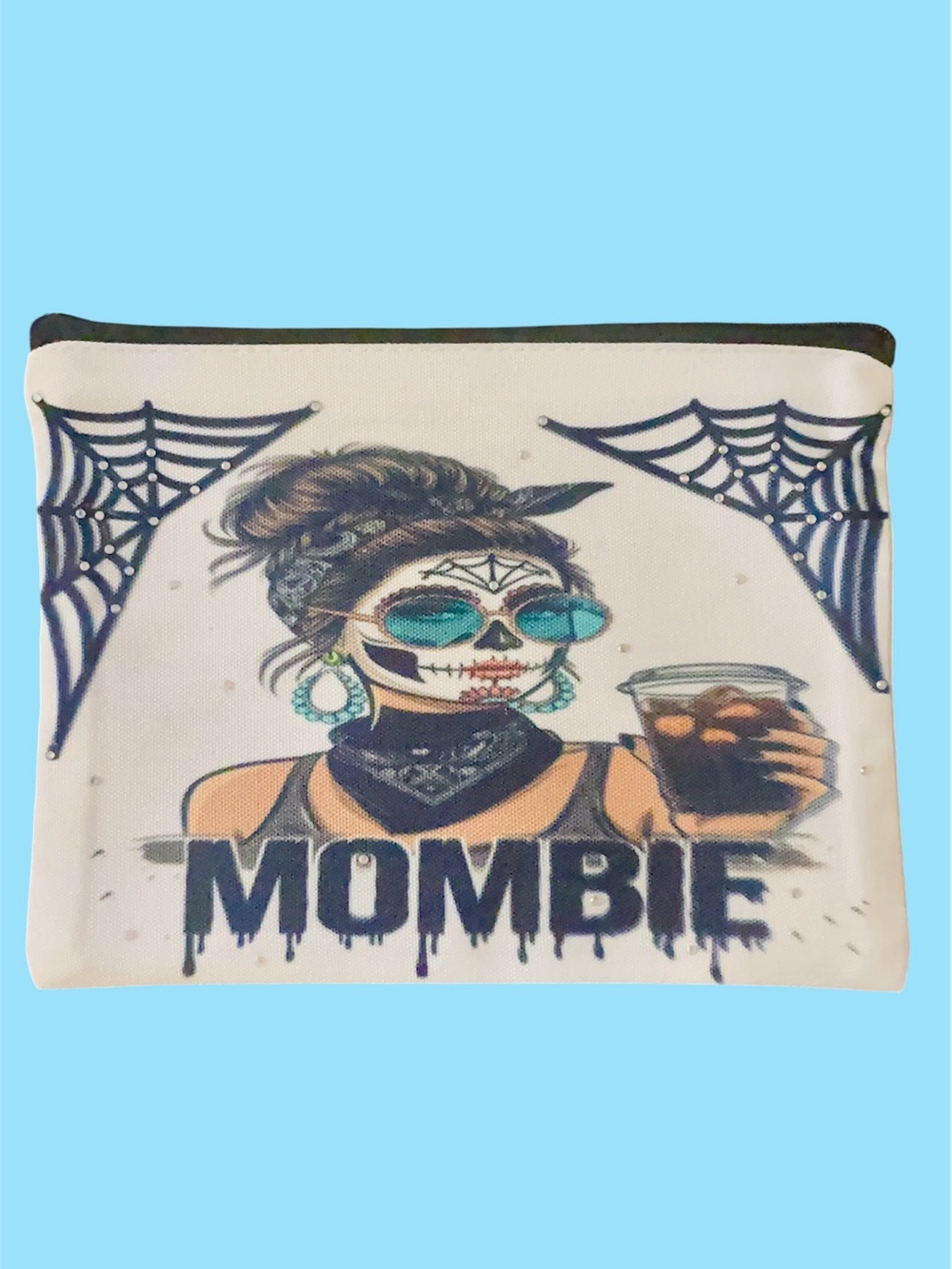 Mombie Graphic Cosmetic Bag - Teal Accents Rhinestones New